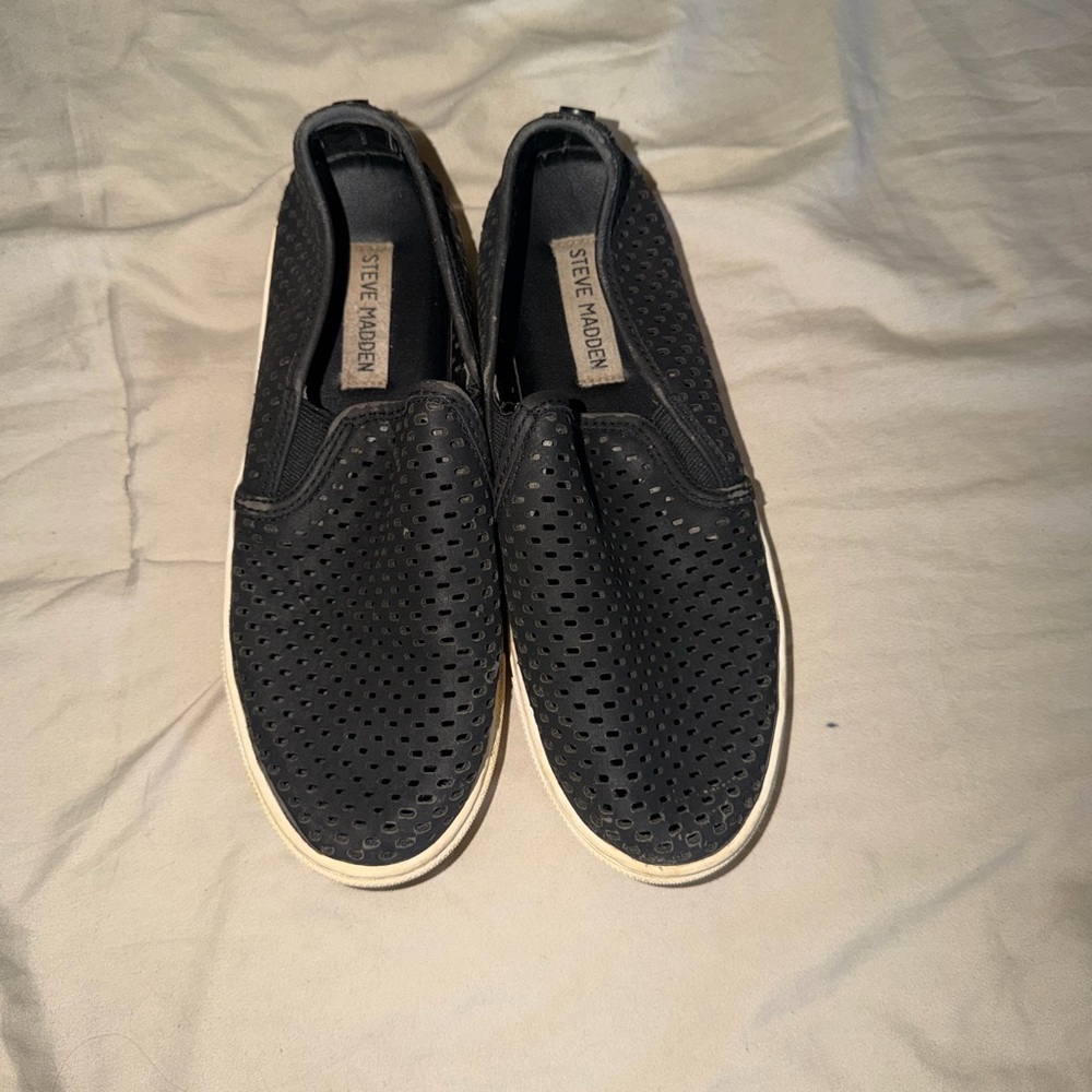 Steve Madden Black Perforated Slip-On Sneakers with White Trim